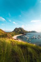 beach mountains landscape ships grass