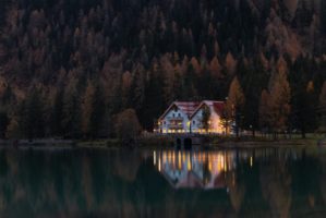 House landscape forest mountains